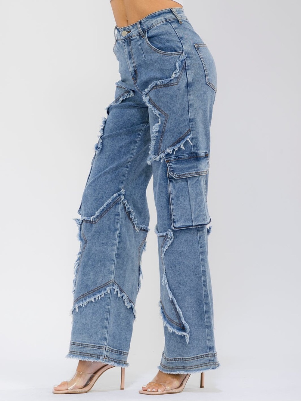Frayed Patchwork Wide-Leg Jeans - Blue - Picture 2 of 5